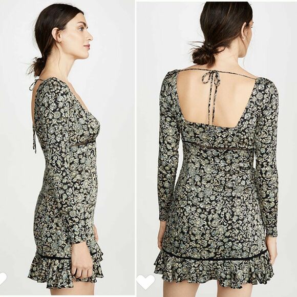 Free People Boheme Dress 4 Small Black Green Long Sleeve Floral Mini A-Line - Picture 7 of 15